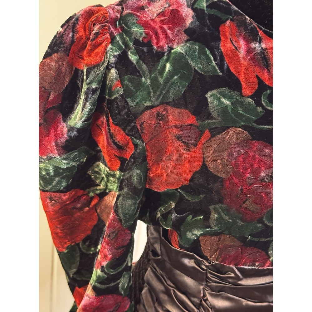 Vintage 1980s Party Dress M Black Red Velvet Floral Glam USA Puff Sleeve Bow - Picture 15 of 16
